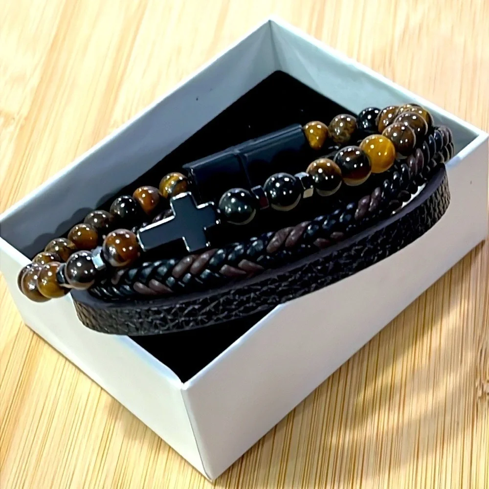 Brand New Men's Beaded Braided Leather Metal Cross Bracelet Magnetic Clasp